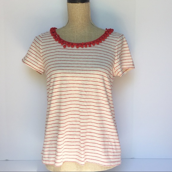Talbots Lagoon Stripe Pom-Pom Trim Tee Sz.SmPetite - Picture 2 of 7